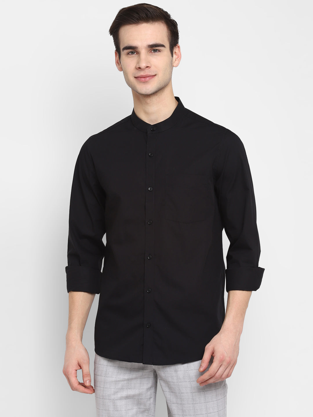 100% Cotton Black Plain Slim Fit Mandarin Collar Formal Shirt