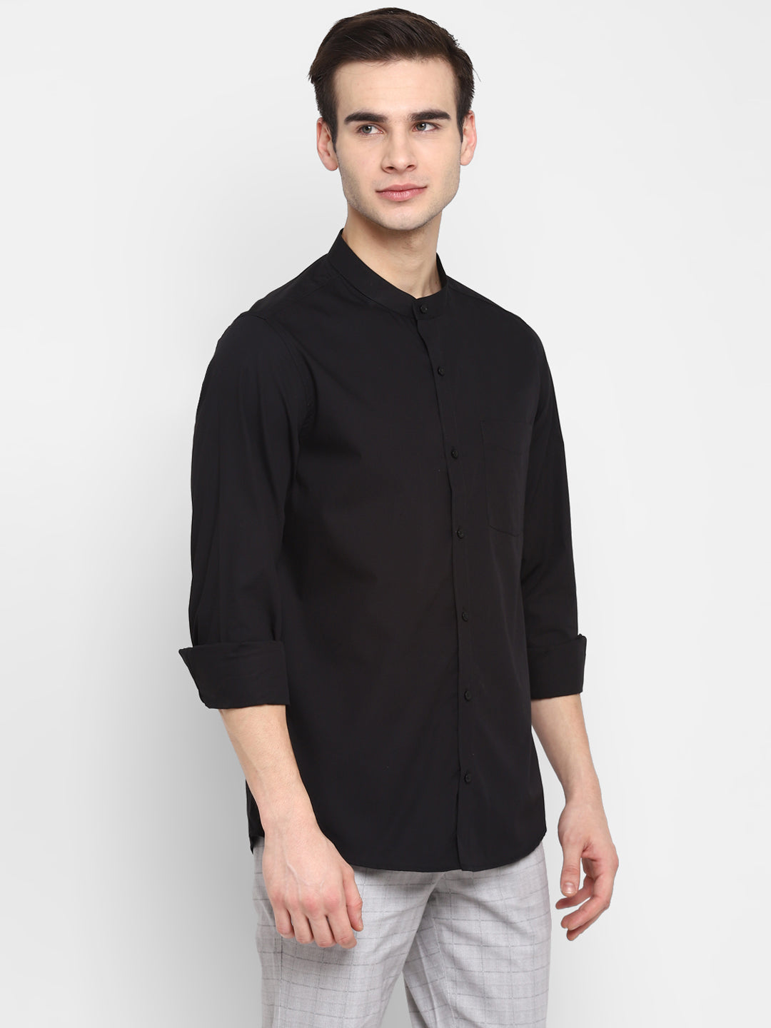 100% Cotton Black Plain Slim Fit Mandarin Collar Formal Shirt