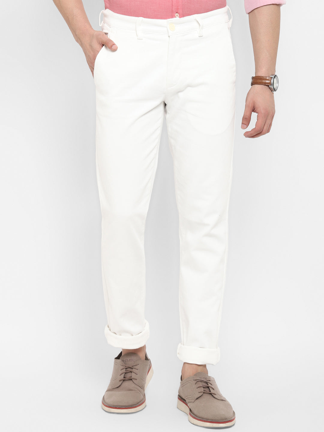 Cotton Stretch Off White Self Design Ultra Slim Fit Flat Front Casual Trouser