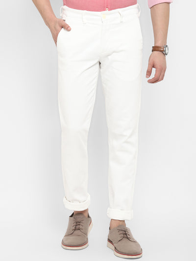 Cotton Stretch Off White Self Design Ultra Slim Fit Flat Front Casual Trouser