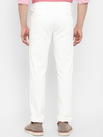 Cotton Stretch Off White Self Design Ultra Slim Fit Flat Front Casual Trouser