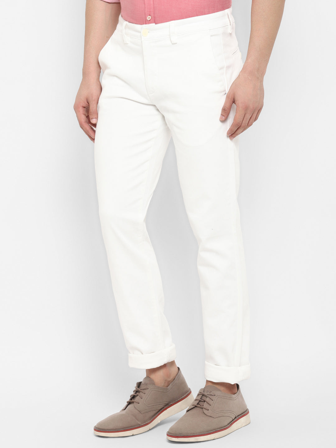 Cotton Stretch Off White Self Design Ultra Slim Fit Flat Front Casual Trouser