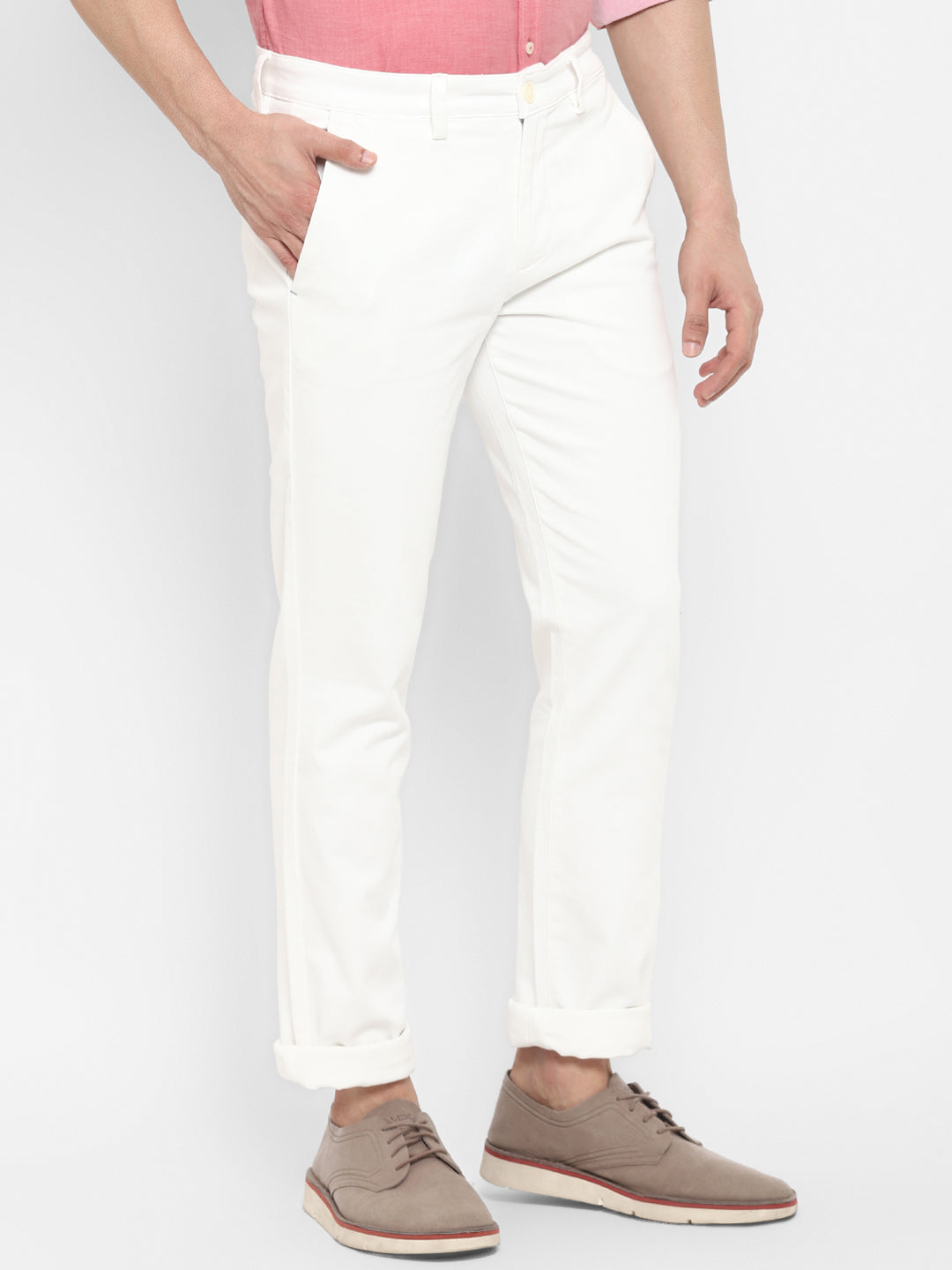 Cotton Stretch Off White Self Design Ultra Slim Fit Flat Front Casual Trouser