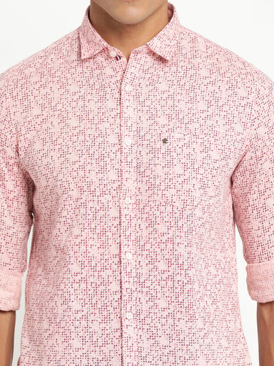 Turtle Men Pink Cotton Linen Printed Slim Fit Casual Shirts