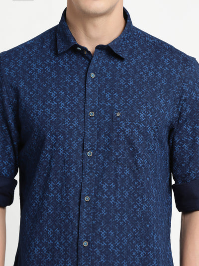 100% Cotton Indigo Navy Blue Printed Slim Fit Full Sleeve Casual Shirt