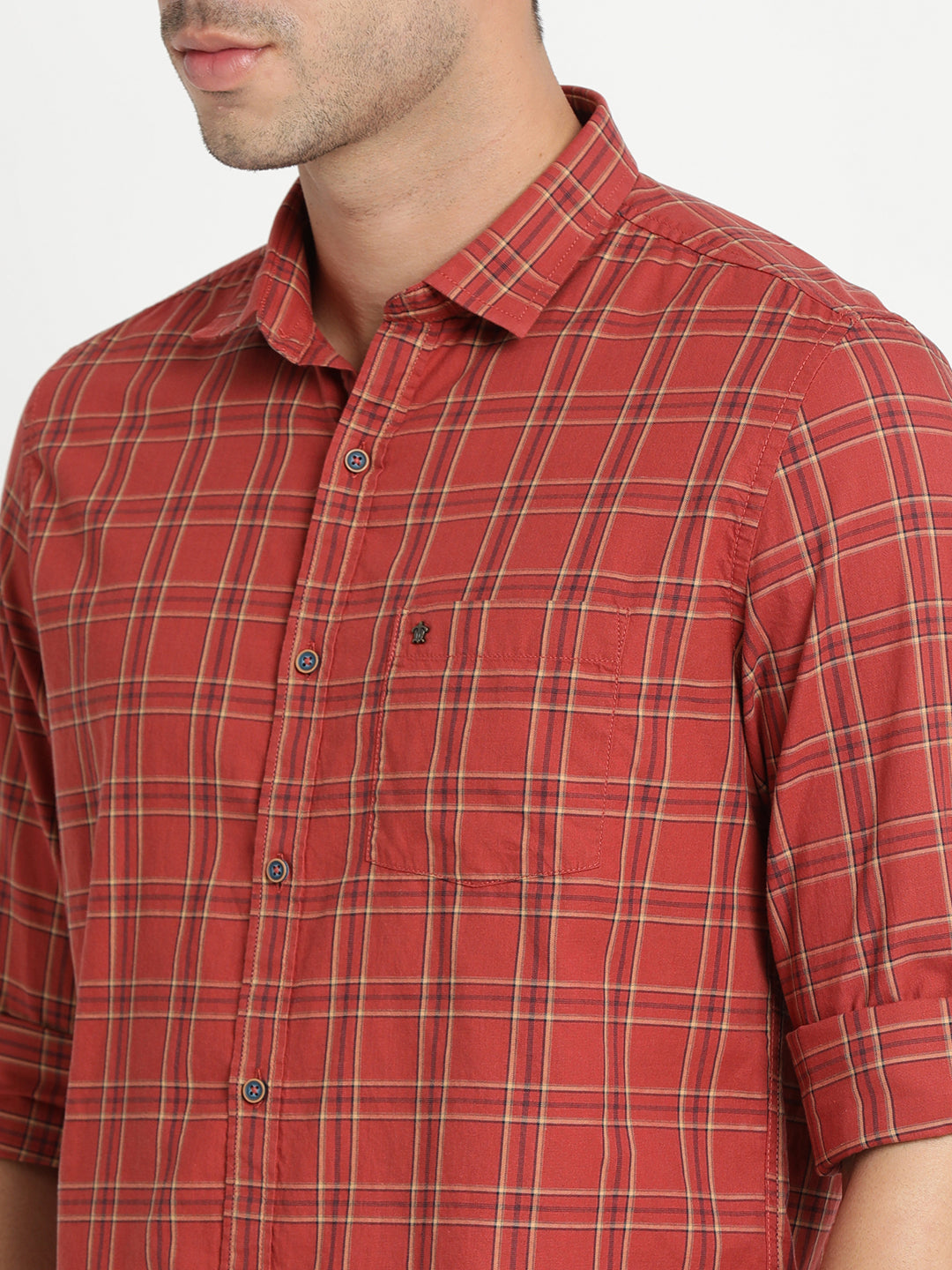 100% Cotton Maroon Checkered Slim Fit Full Sleeve Casual Shirt