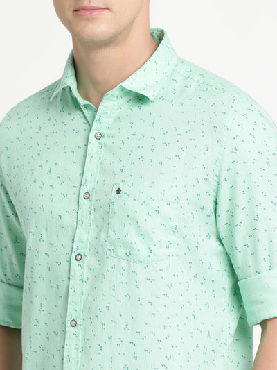 100% Cotton Light Green Printed Slim Fit Full Sleeve Casual Shirt