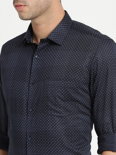 Cotton Tencel Black Printed Regular Fit Full Sleeve Formal Shirt