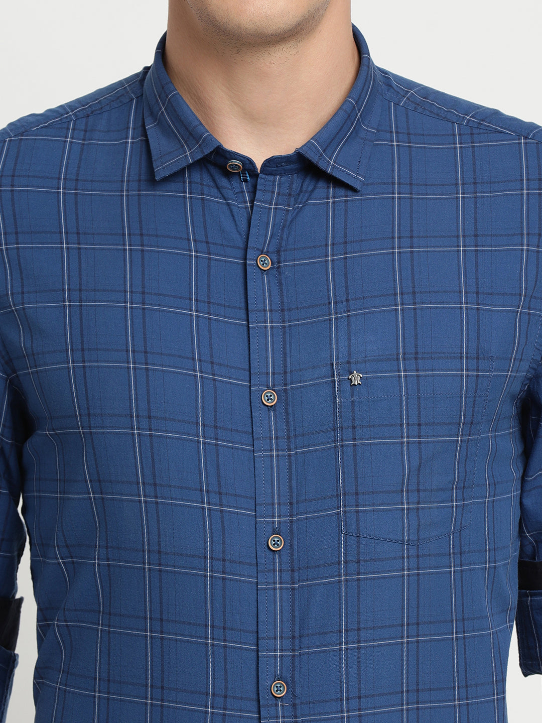 100% Cotton Blue Checkered Slim Fit Full Sleeve Casual Shirt