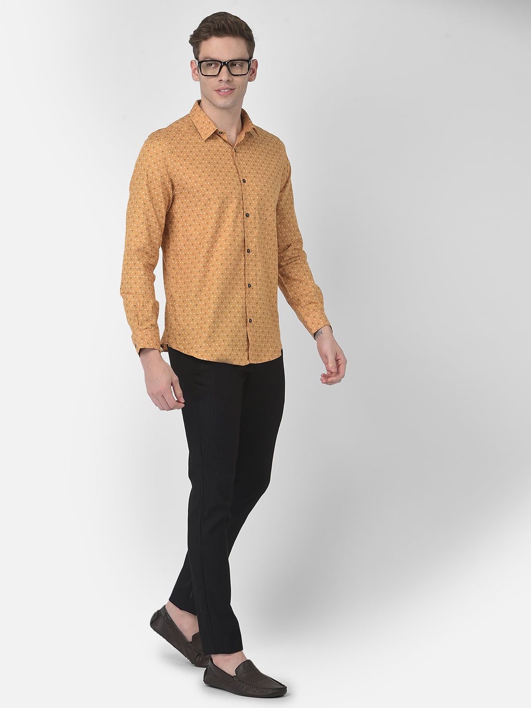 100% Cotton Mustard Yellow Printed Slim Fit Full Sleeve Formal Shirt