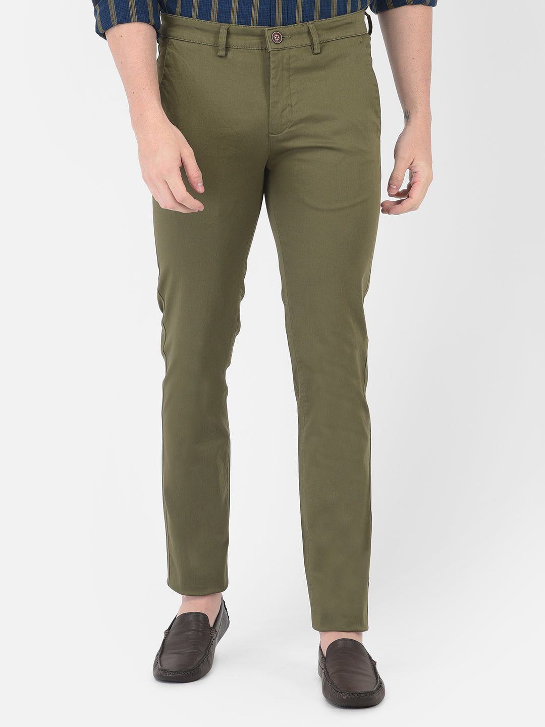 Cotton Stretch Olive Plain Narrow Fit Flat Front Casual Trouser