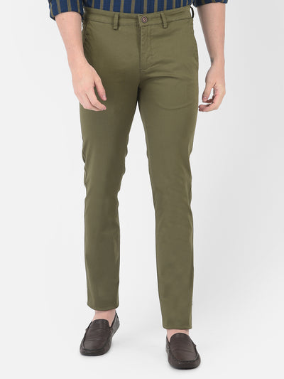 Cotton Stretch Olive Plain Narrow Fit Flat Front Casual Trouser