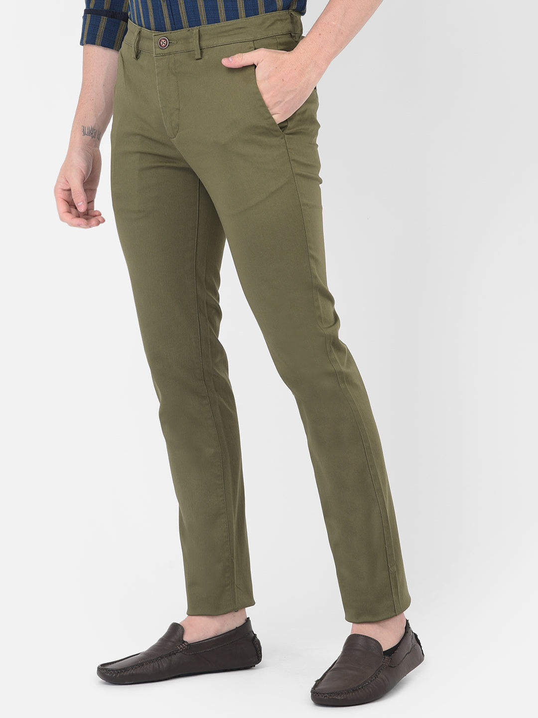 Cotton Stretch Olive Plain Narrow Fit Flat Front Casual Trouser