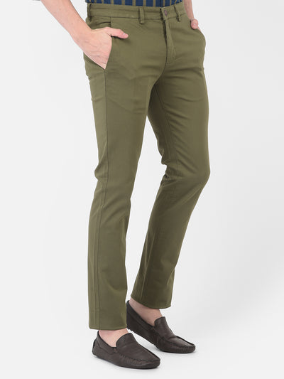 Cotton Stretch Olive Plain Narrow Fit Flat Front Casual Trouser