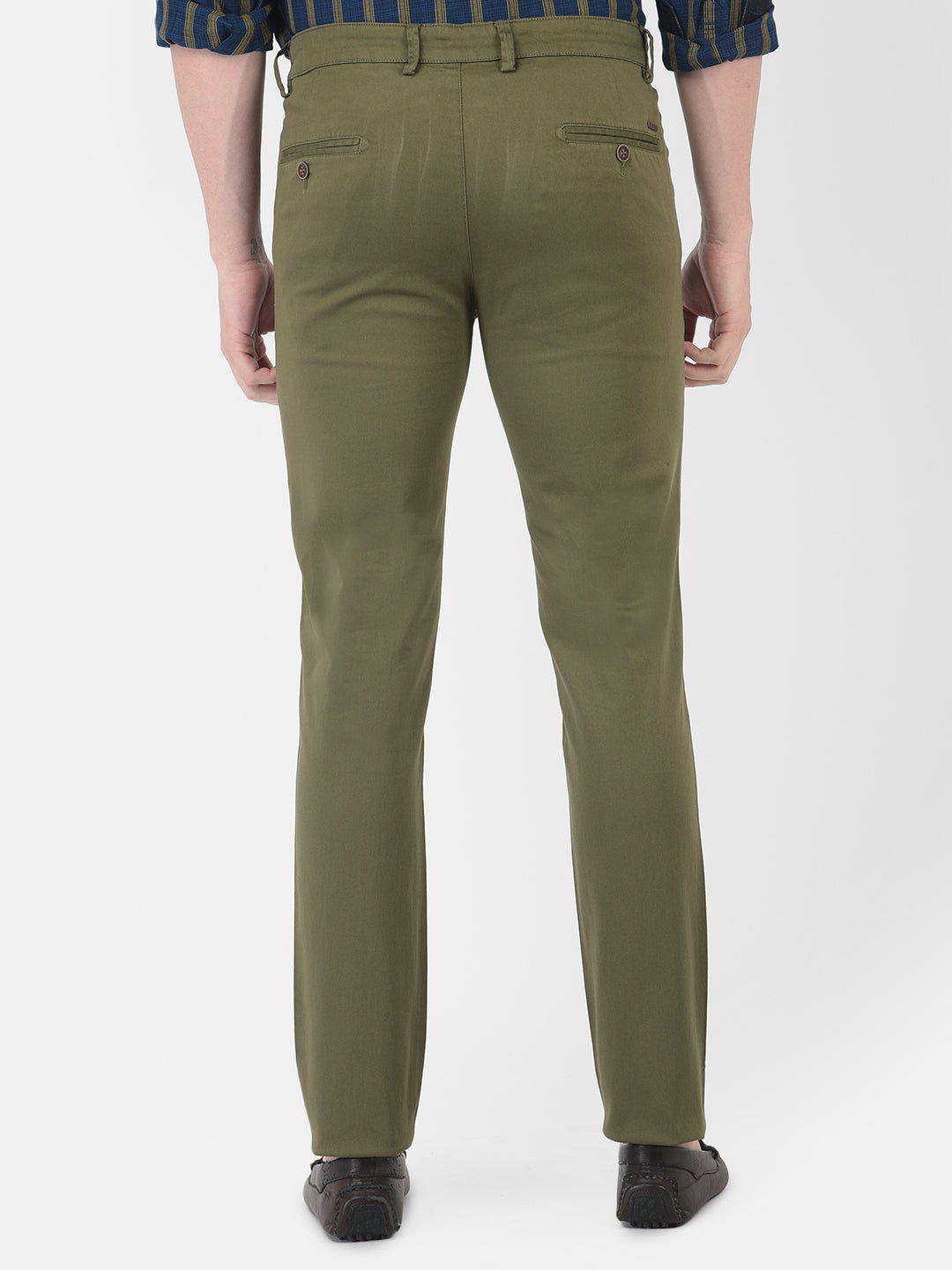 Cotton Stretch Olive Plain Narrow Fit Flat Front Casual Trouser