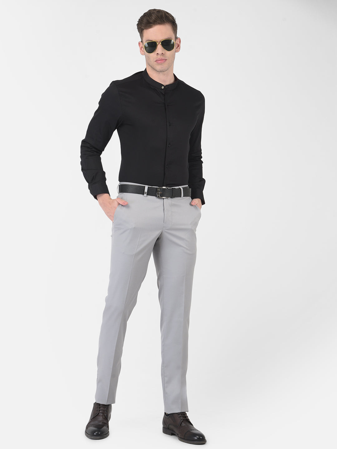 Poly Viscose Silver Plain Slim Fit Flat Front Formal Trouser