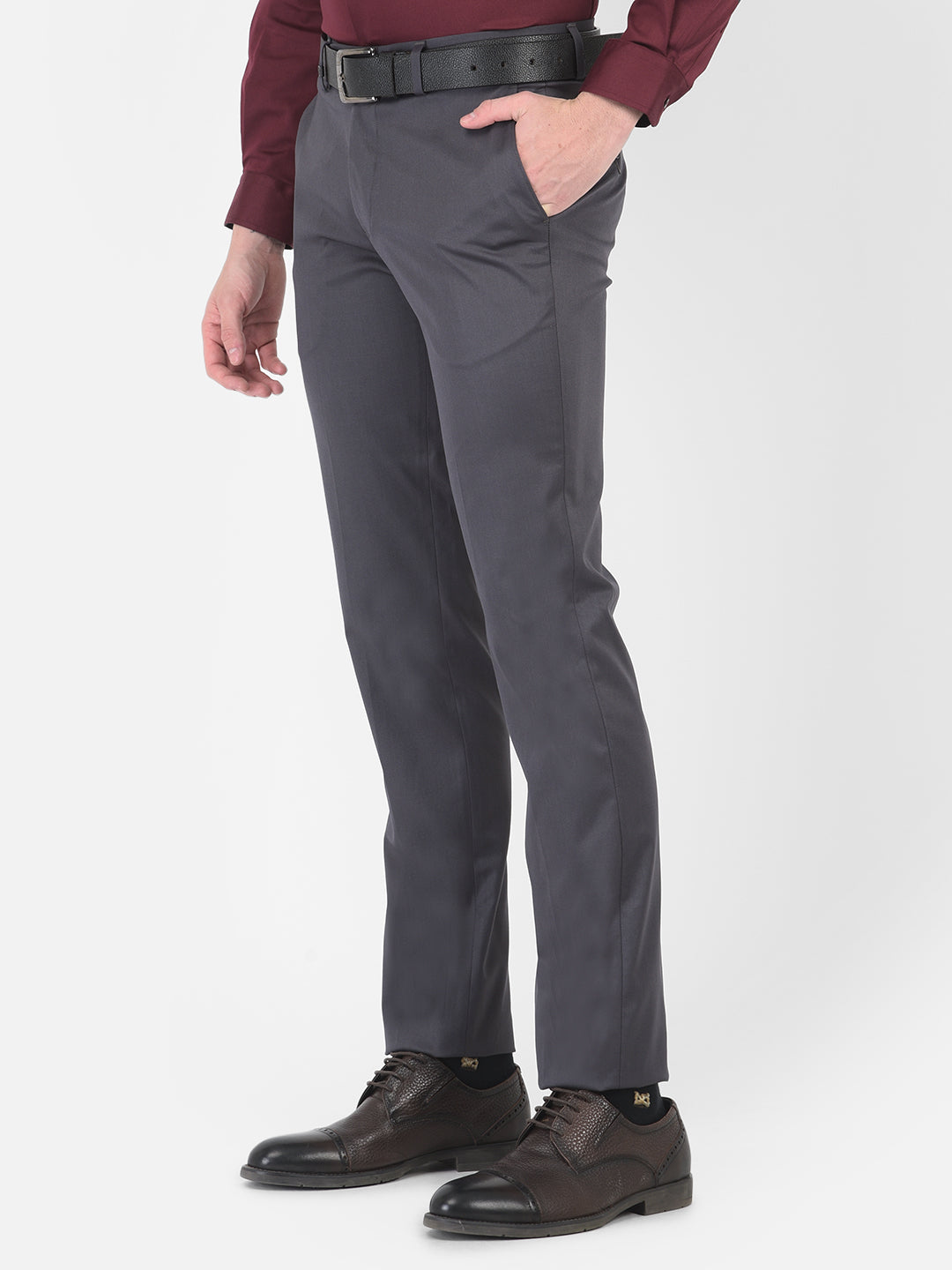 Poly Viscose Dark Grey Plain Slim Fit Flat Front Formal Trouser