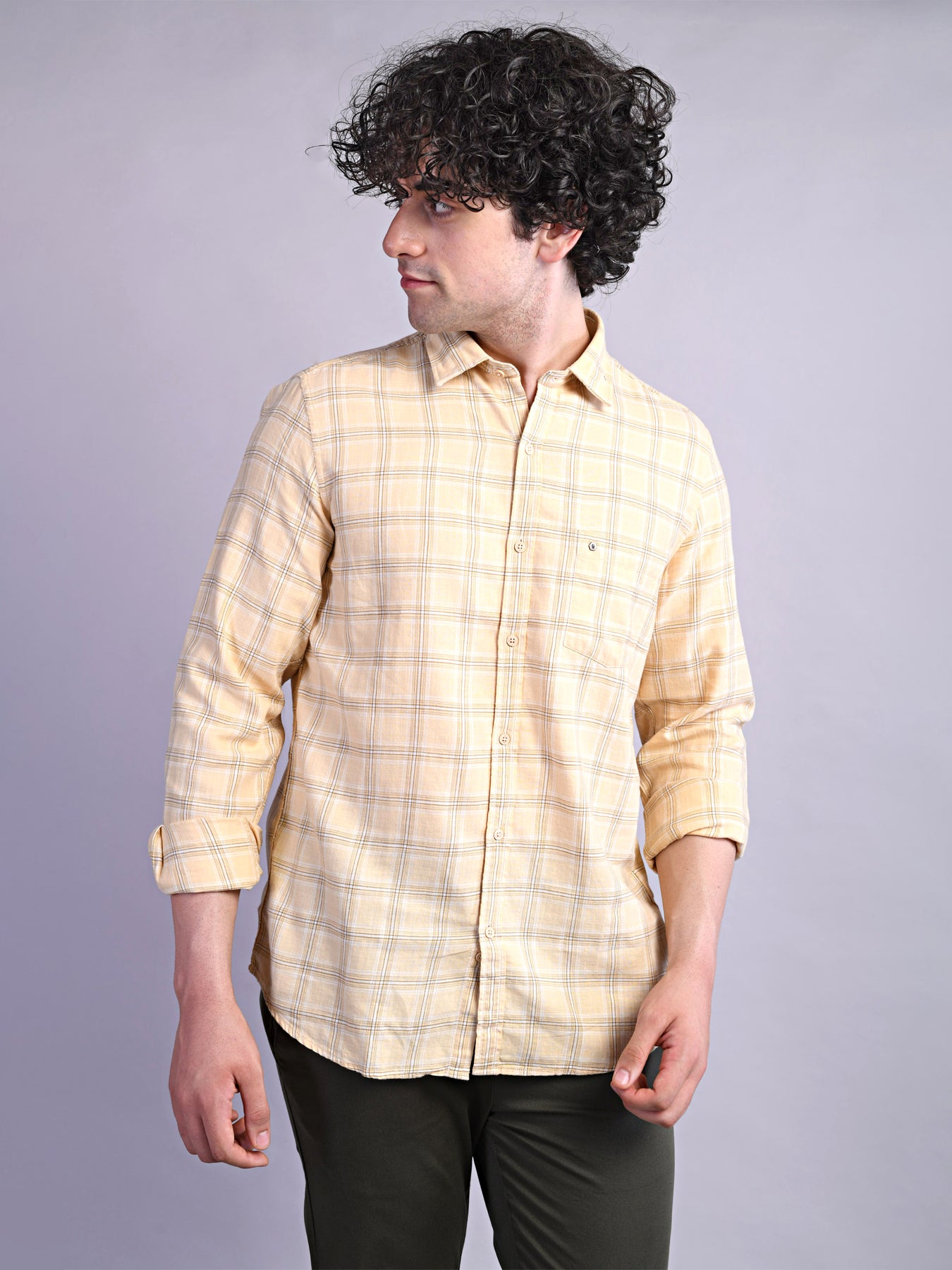 100% Cotton Yellow Checkered Slim Fit Full Sleeve Casual Shirt