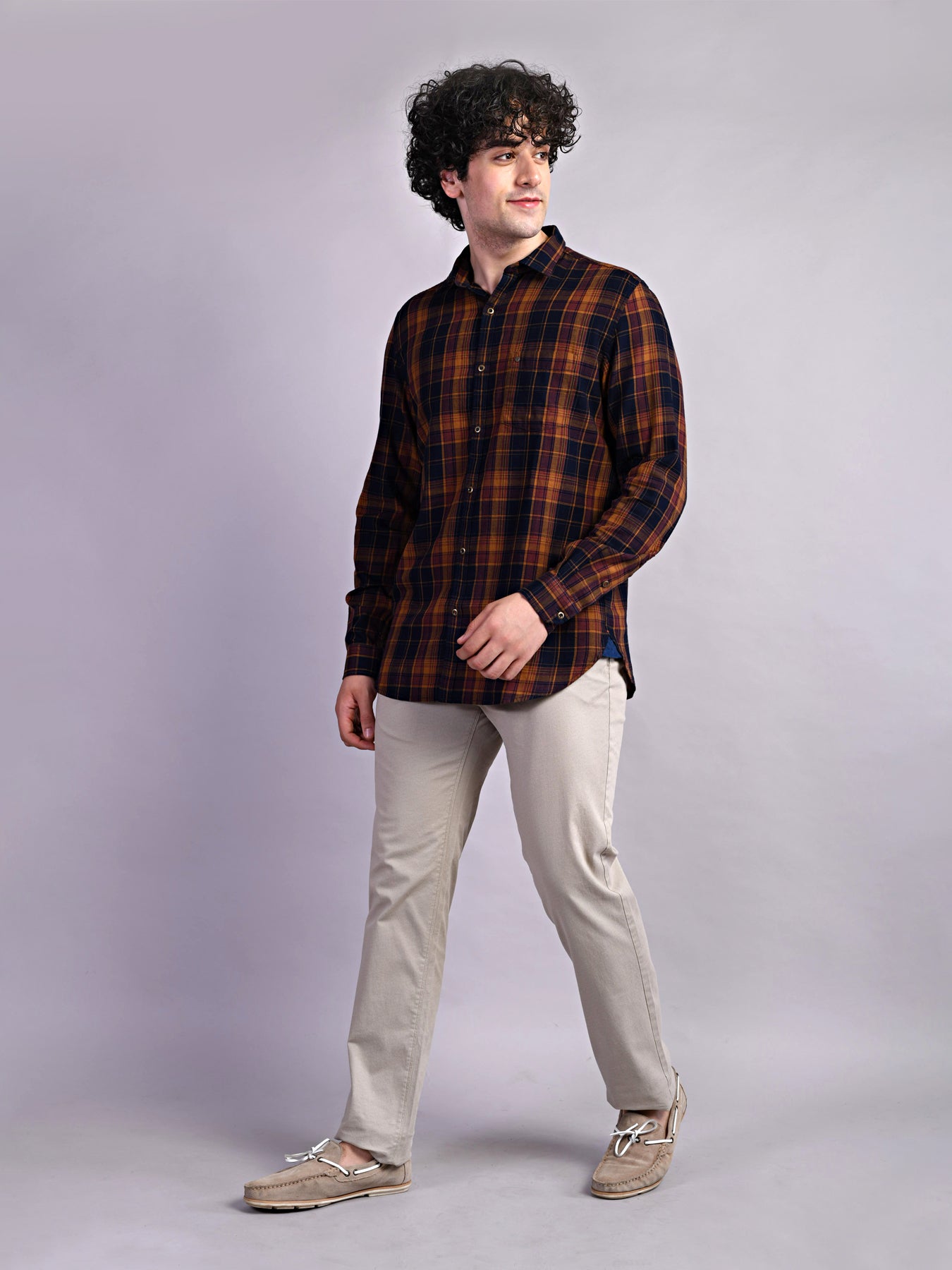 100% Cotton Mustard Yellow Checkered Slim Fit Full Sleeve Casual Shirt