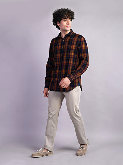 100% Cotton Mustard Yellow Checkered Slim Fit Full Sleeve Casual Shirt