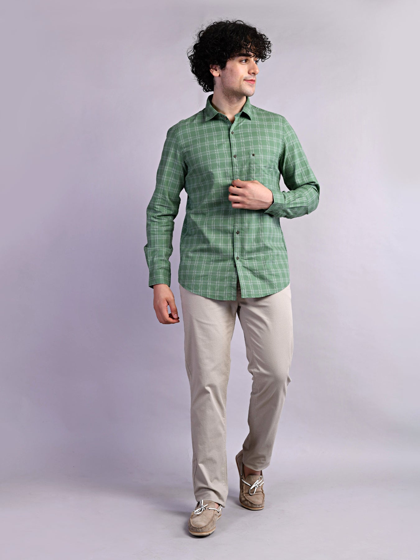 100% Cotton Green Checkered Slim Fit Full Sleeve Casual Shirt