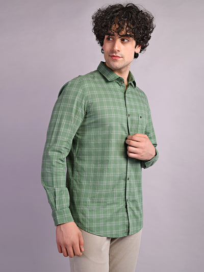 100% Cotton Green Checkered Slim Fit Full Sleeve Casual Shirt