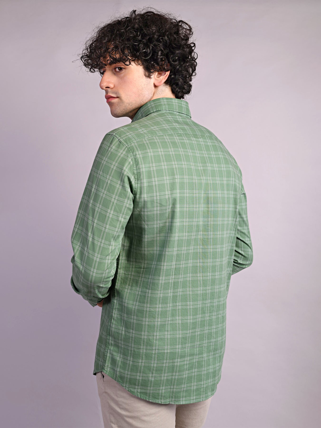 100% Cotton Green Checkered Slim Fit Full Sleeve Casual Shirt