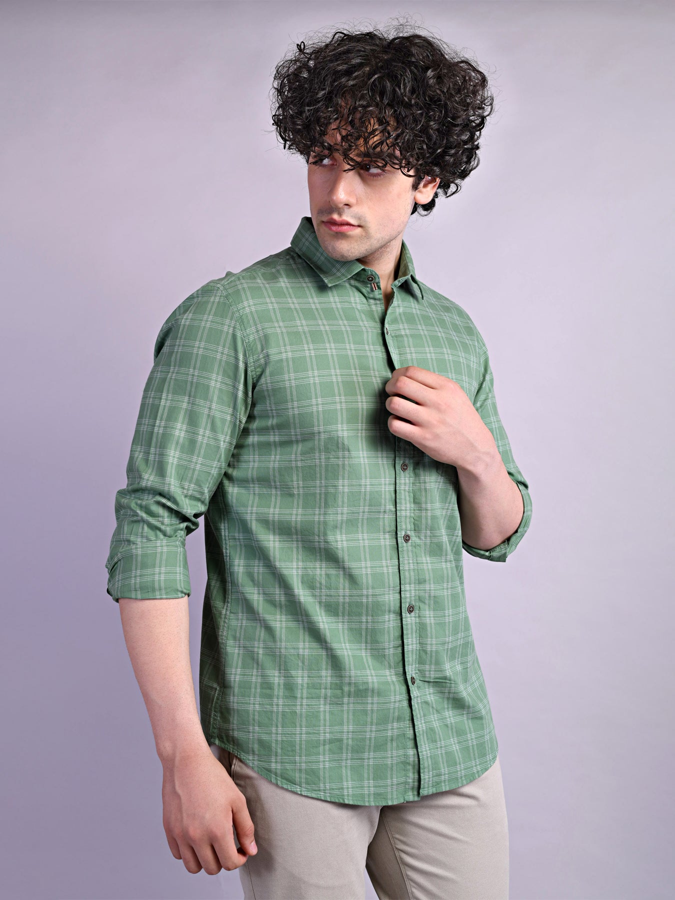 100% Cotton Green Checkered Slim Fit Full Sleeve Casual Shirt