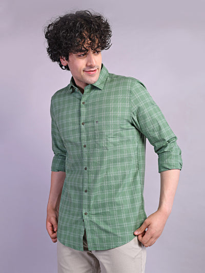 100% Cotton Green Checkered Slim Fit Full Sleeve Casual Shirt