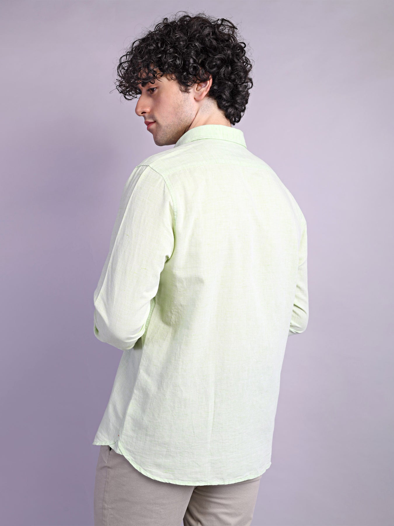 Cotton Linen Green Plain Slim Fit Full Sleeve Casual Shirt