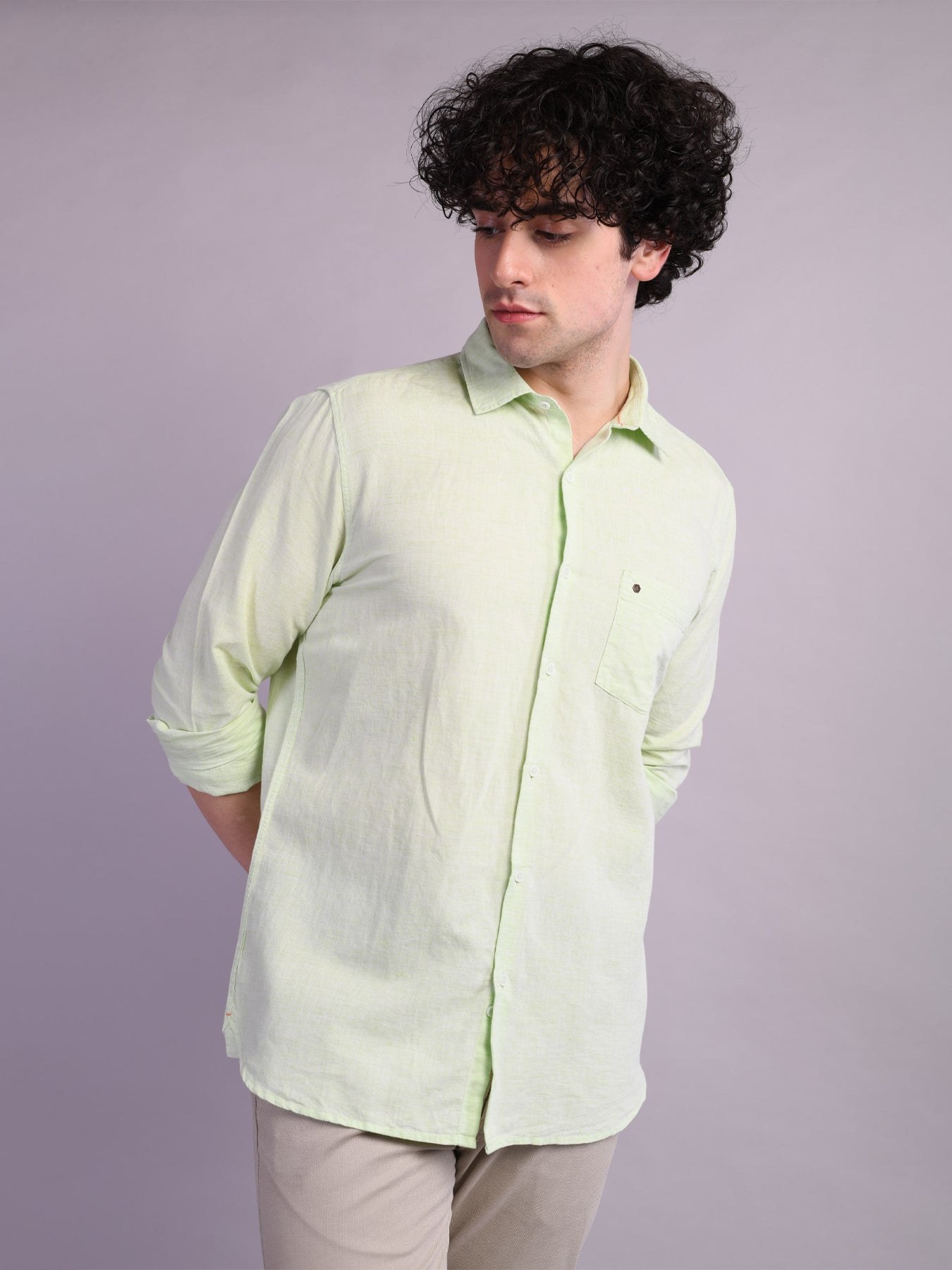 Cotton Linen Green Plain Slim Fit Full Sleeve Casual Shirt