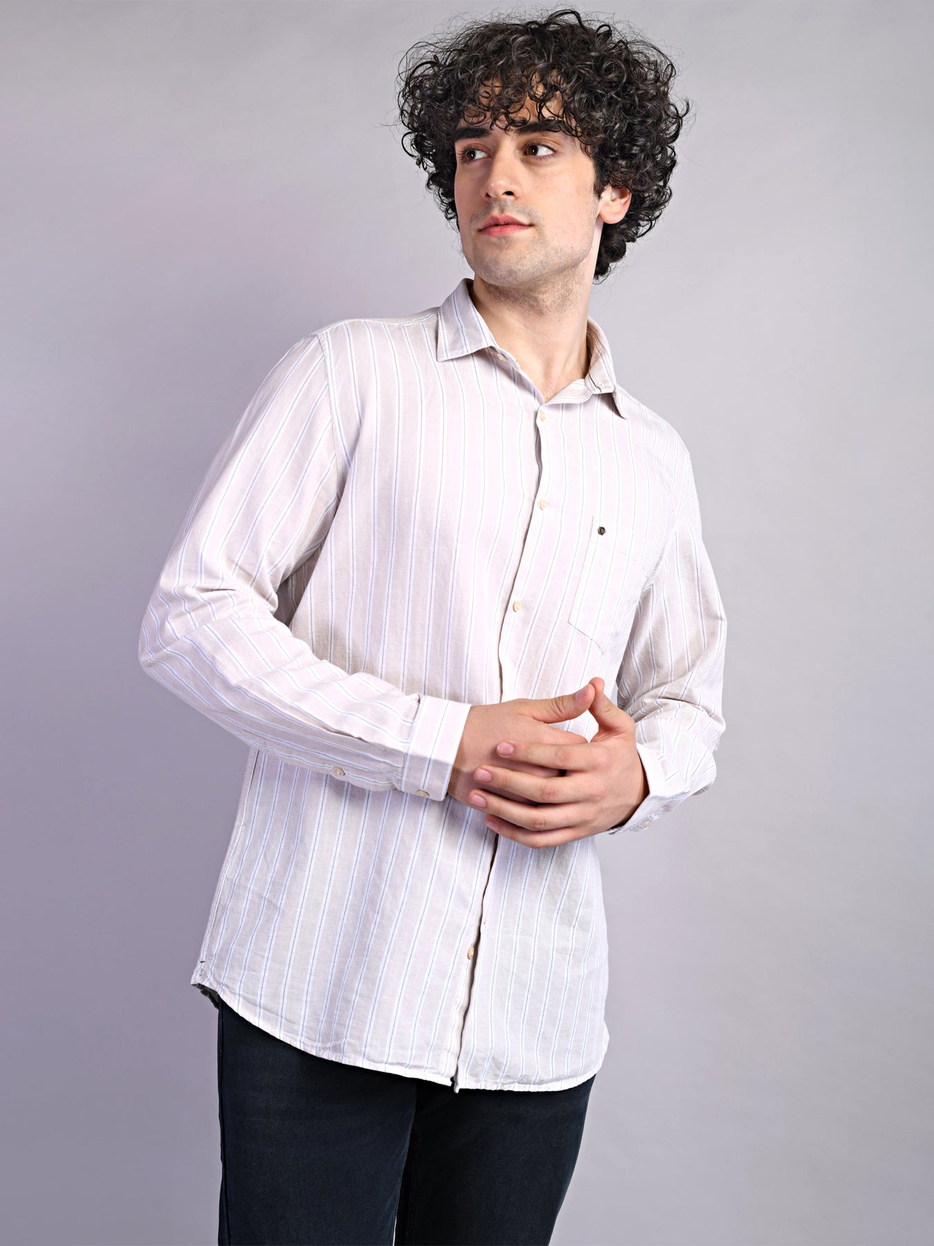 Cotton Linen Beige Striped Slim Fit Full Sleeve Casual Shirt