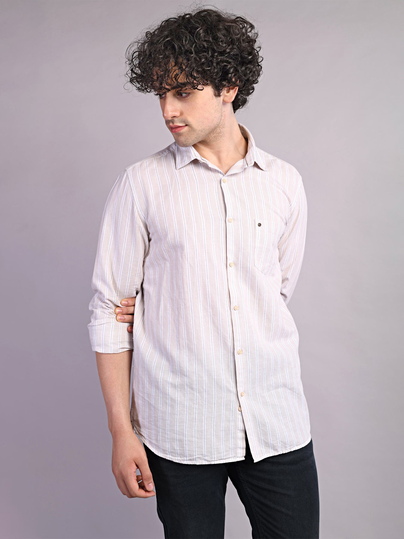 Cotton Linen Beige Striped Slim Fit Full Sleeve Casual Shirt