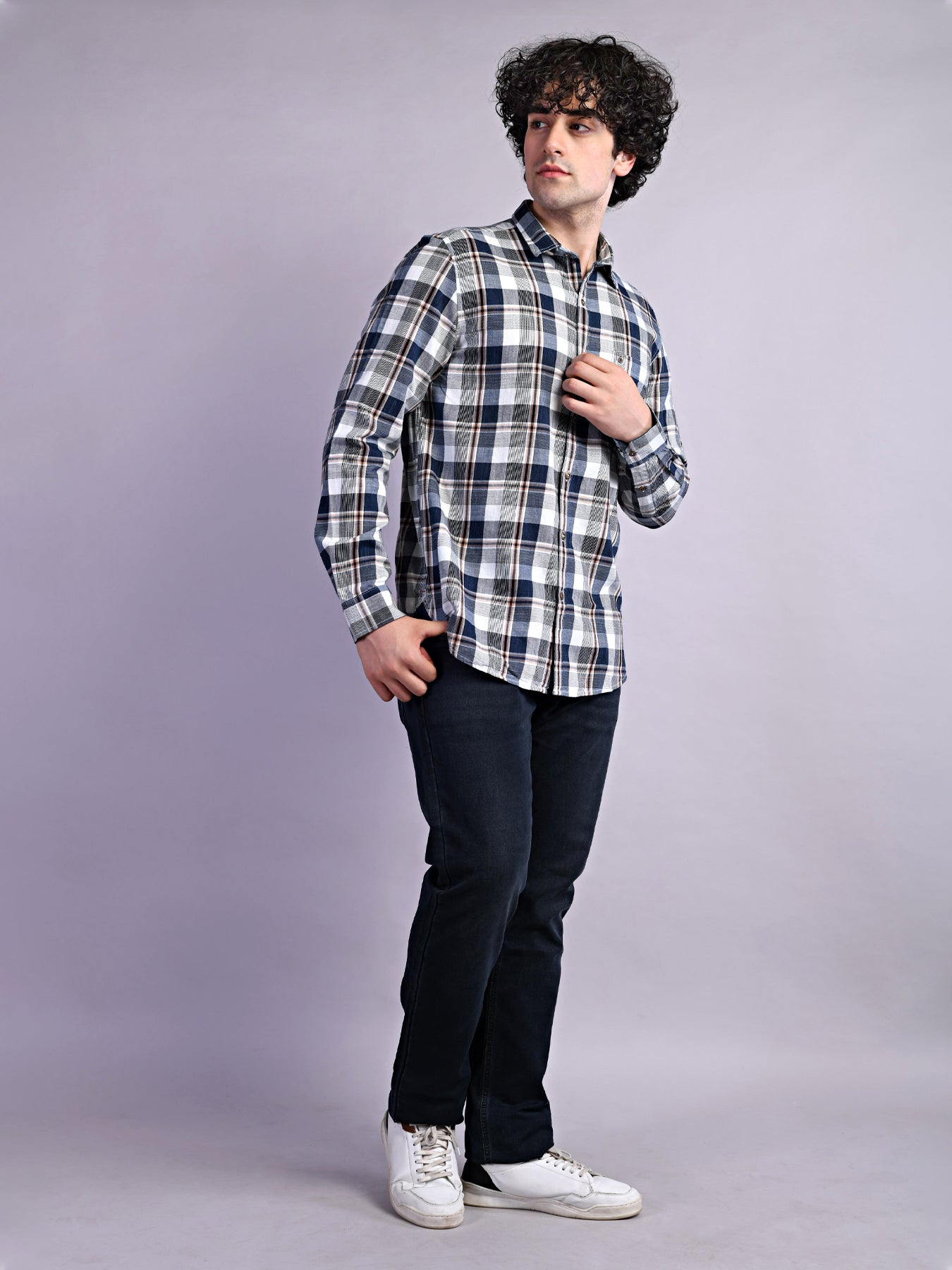 100% Cotton Indigo Navy Blue Checkered Slim Fit Full Sleeve Casual Shirt