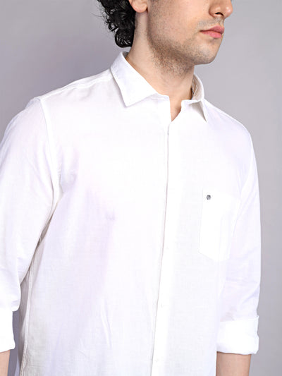 Cotton Linen White Striped Slim Fit Mandarin Collar Casual Shirt
