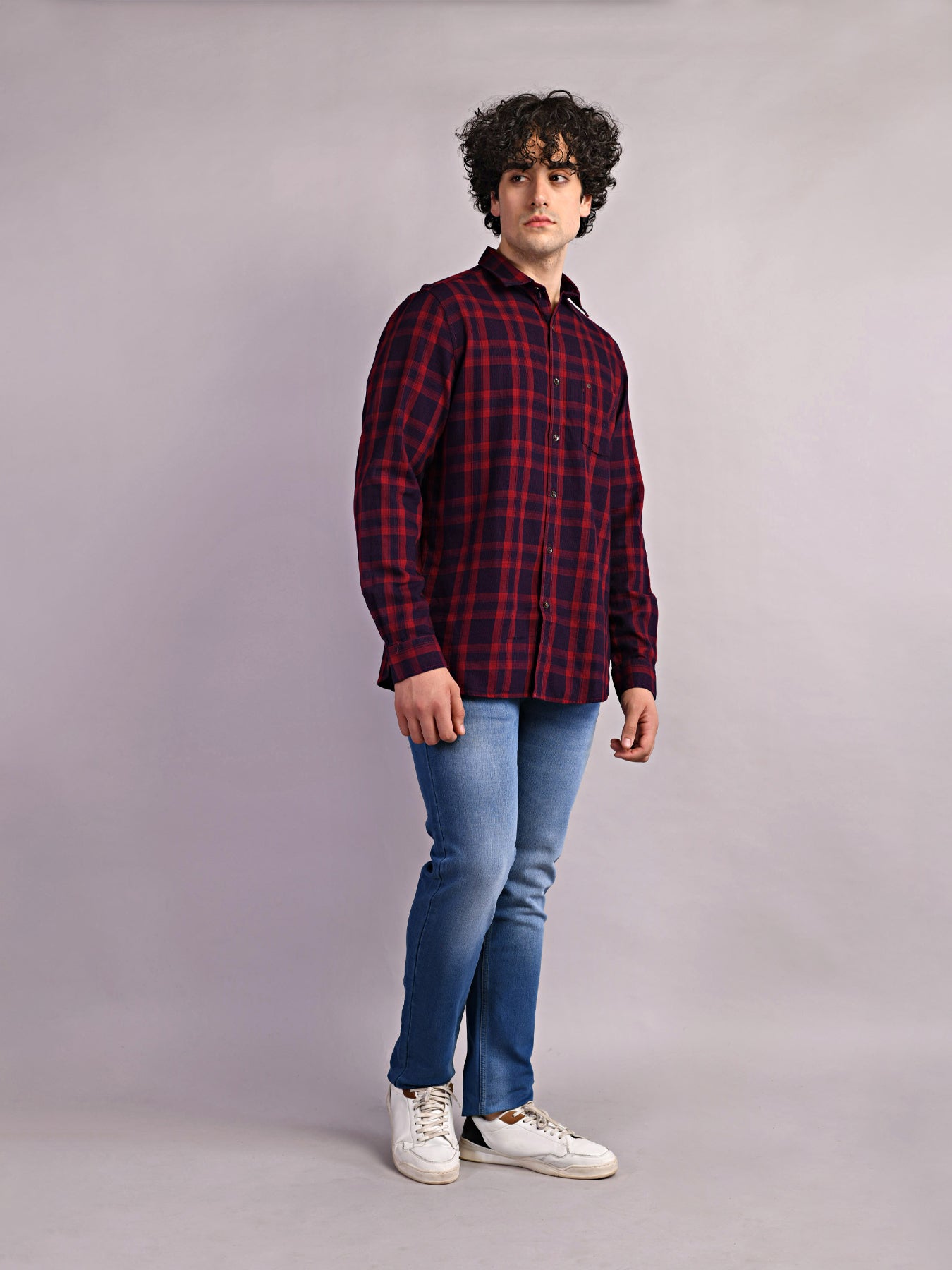 100% Cotton Red Checkered Slim Fit Full Sleeve Casual Shirt