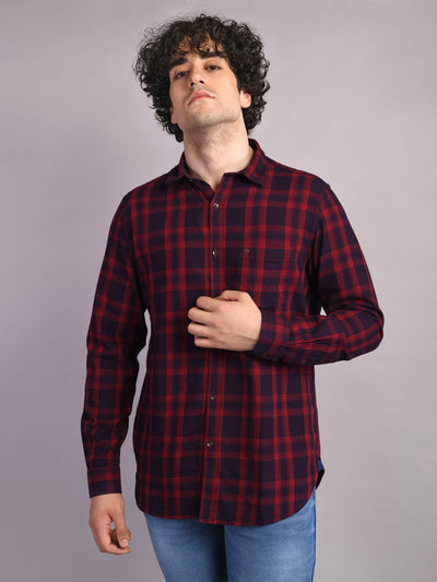 100% Cotton Red Checkered Slim Fit Full Sleeve Casual Shirt