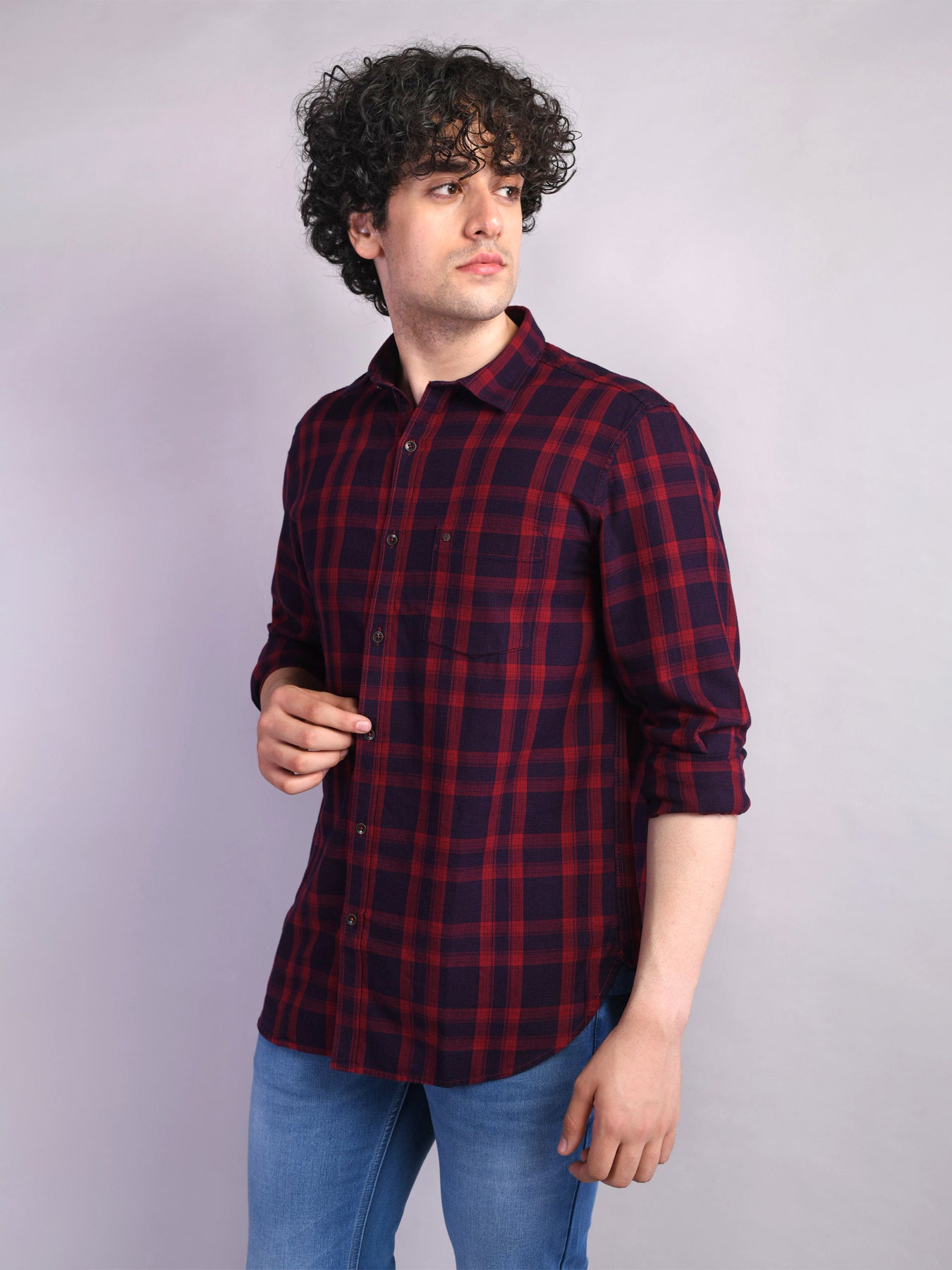 100% Cotton Red Checkered Slim Fit Full Sleeve Casual Shirt