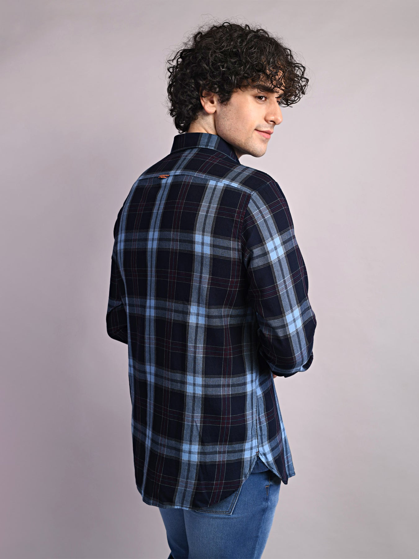 100% Cotton Indigo Navy Blue Checkered Slim Fit Full Sleeve Casual Shirt