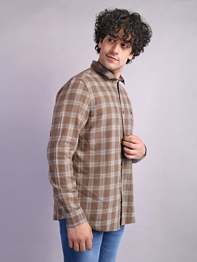100% Cotton Khaki Checkered Slim Fit Full Sleeve Casual Shirt