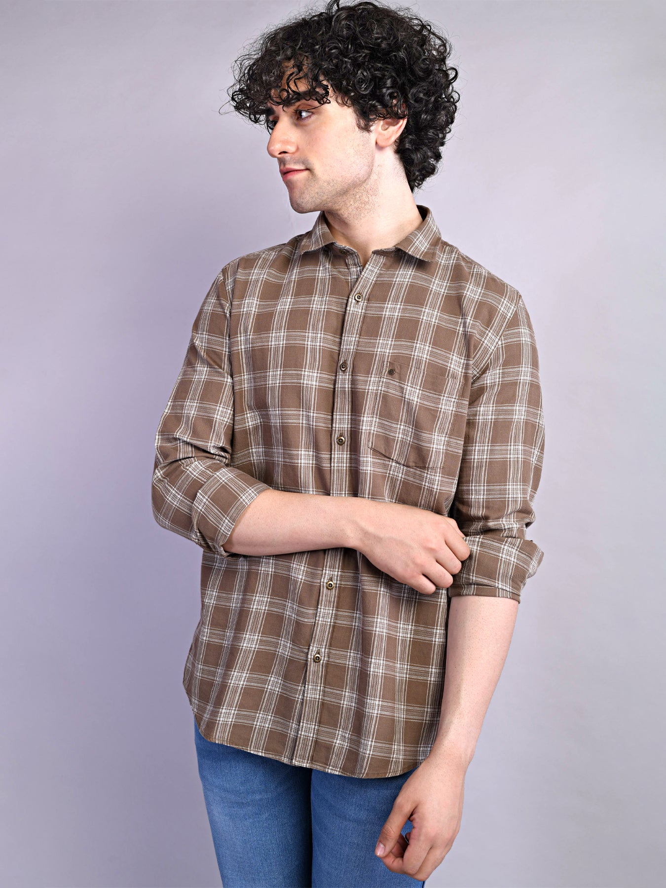 100% Cotton Khaki Checkered Slim Fit Full Sleeve Casual Shirt