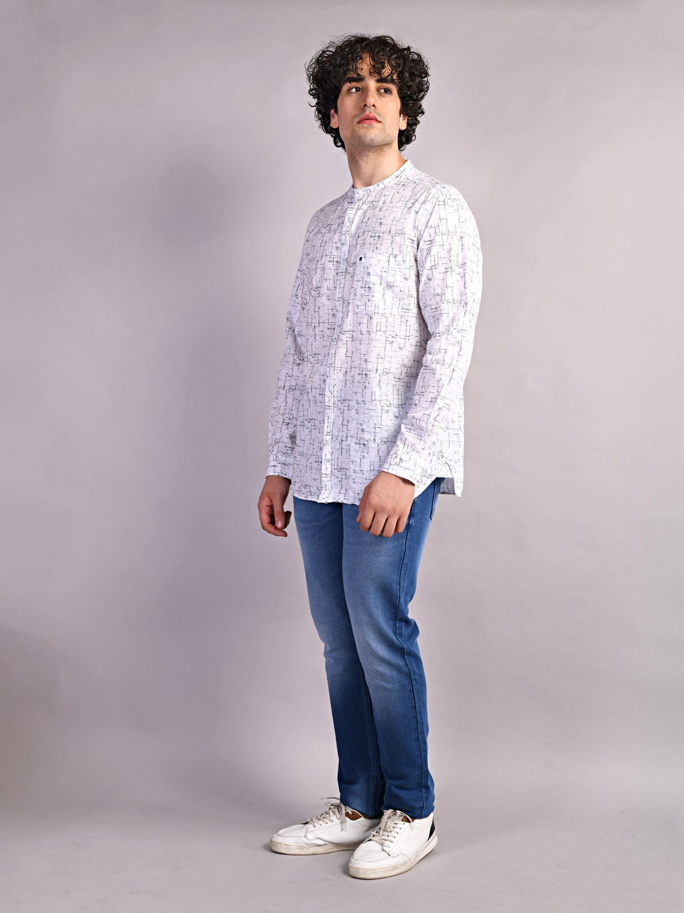 100% Cotton White Printed Slim Fit Mandarin Collar Casual Shirt