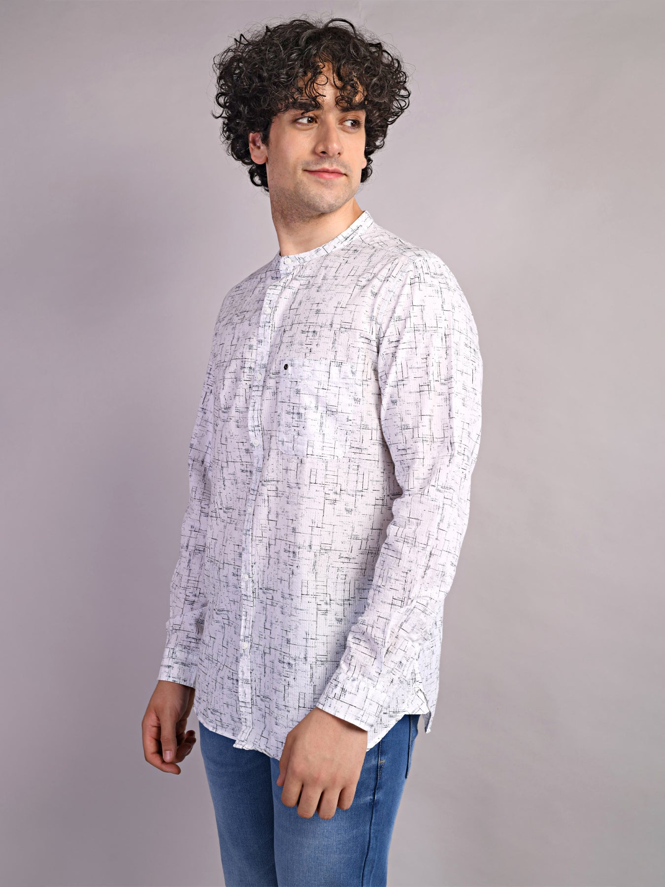 100% Cotton White Printed Slim Fit Mandarin Collar Casual Shirt