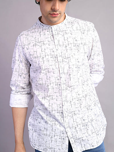 100% Cotton White Printed Slim Fit Mandarin Collar Casual Shirt