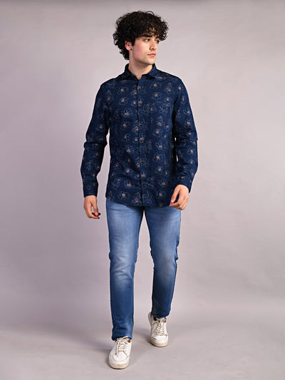 100% Cotton Indigo Navy Blue Printed Slim Fit Full Sleeve Casual Shirt