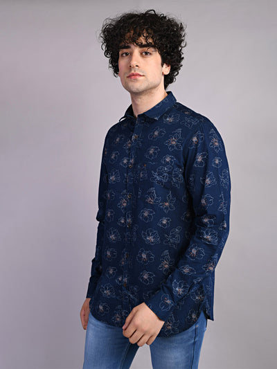 100% Cotton Indigo Navy Blue Printed Slim Fit Full Sleeve Casual Shirt