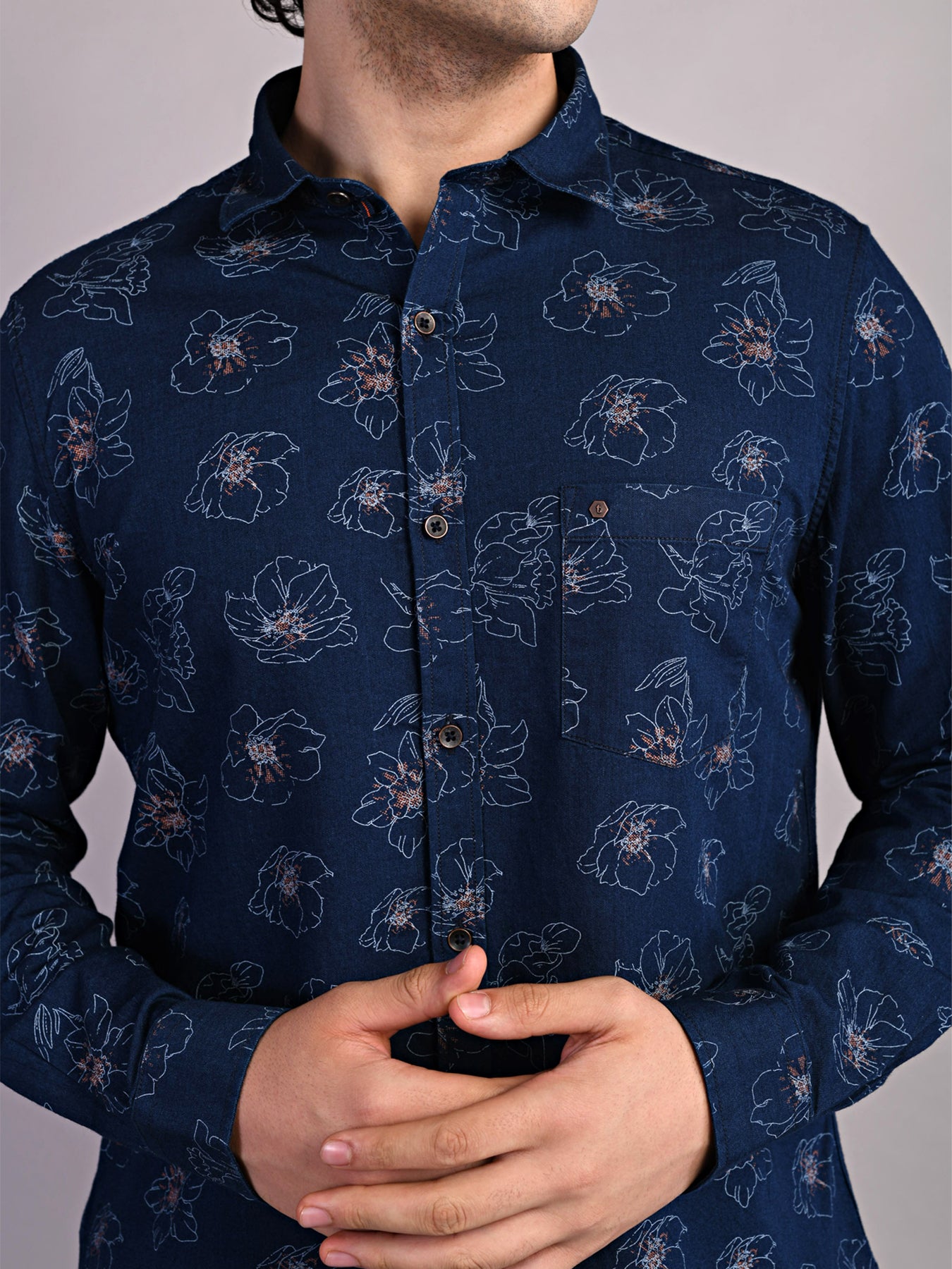 100% Cotton Indigo Navy Blue Printed Slim Fit Full Sleeve Casual Shirt