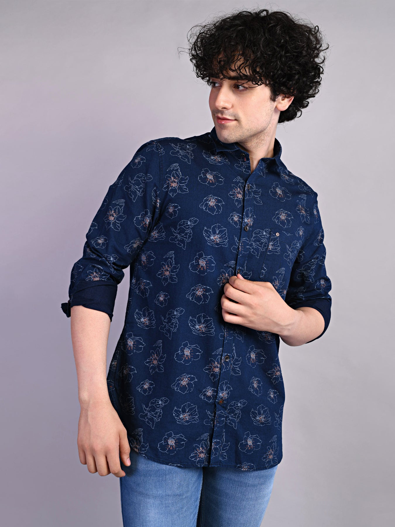 100% Cotton Indigo Navy Blue Printed Slim Fit Full Sleeve Casual Shirt