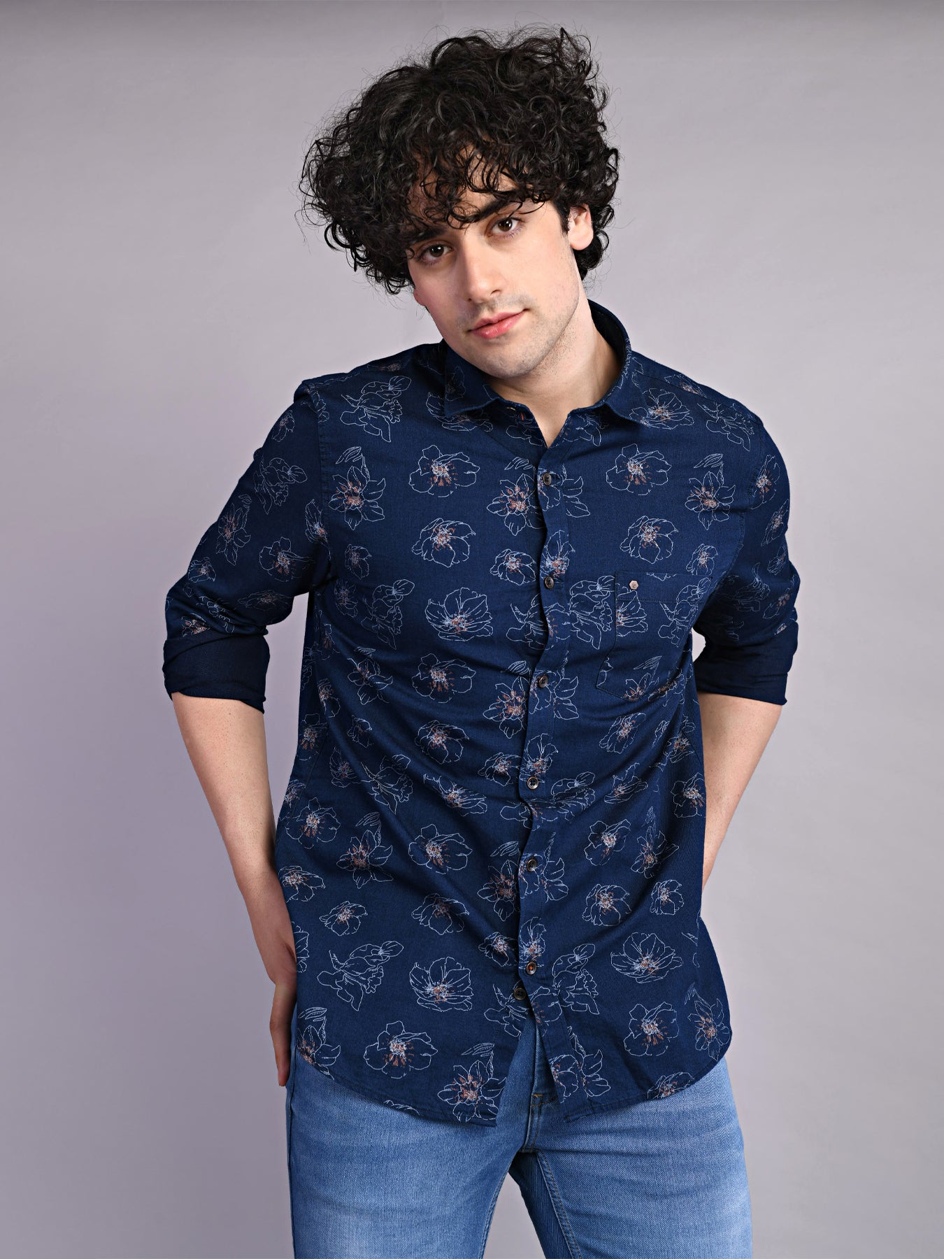 100% Cotton Indigo Navy Blue Printed Slim Fit Full Sleeve Casual Shirt