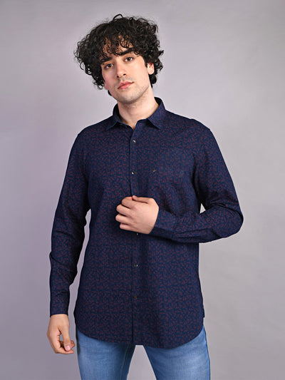 100% Cotton Navy Blue Printed Slim Fit Full Sleeve Casual Shirt